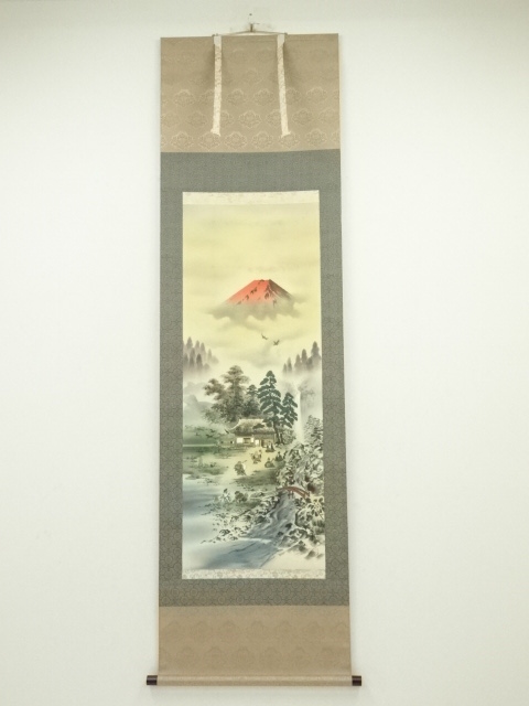 JAPANESE HANGING SCROLL / HAND PAINTED / RED Mt.FUJI